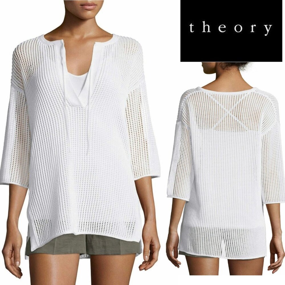 Theory White Open Knit Crochet Tunic Top Cover Up Cotton Blend Sz M - Picture 2 of 16